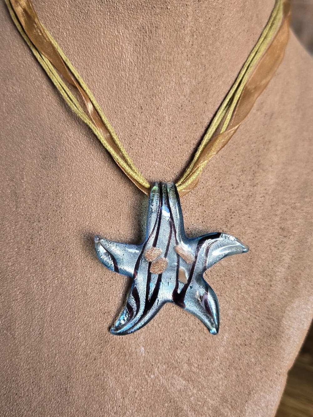 Glass Starfish Pendant Necklace Blue Silver Tone Cord Ribbon 16" + Extension